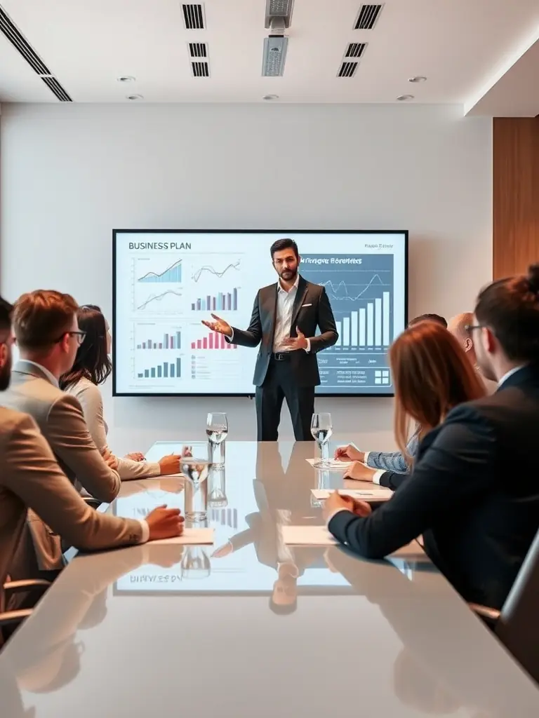 A photograph of a fashion entrepreneur presenting a business plan to a group of investors in a modern conference room, with a focus on financial projections and growth strategies.