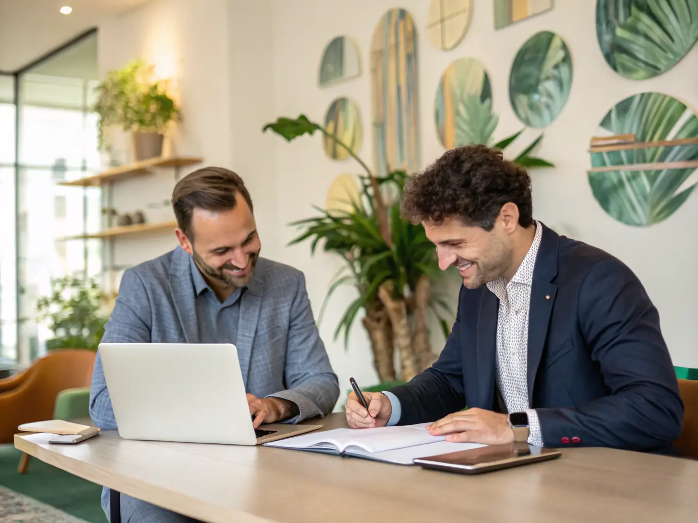 An image of a fashion entrepreneur working with a coach, reviewing sketches and business plans in a stylish studio setting.