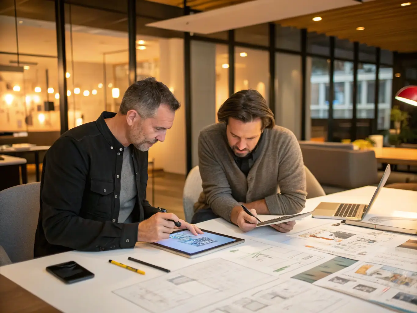 A photograph of a textile designer and a business coach collaborating on a new product line, surrounded by fabric samples and design boards.