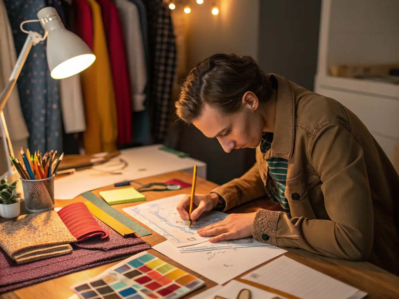 A photograph of a fashion designer sketching a design in their studio, surrounded by fabric samples and mood boards, representing the creative process and the potential for innovation in the fashion industry.