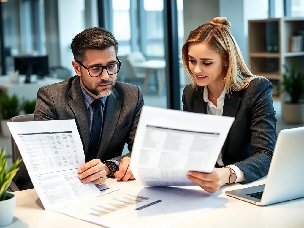 A photograph of a textile business owner reviewing financial reports with a mentor in a modern office setting, symbolizing strategic planning and financial management.