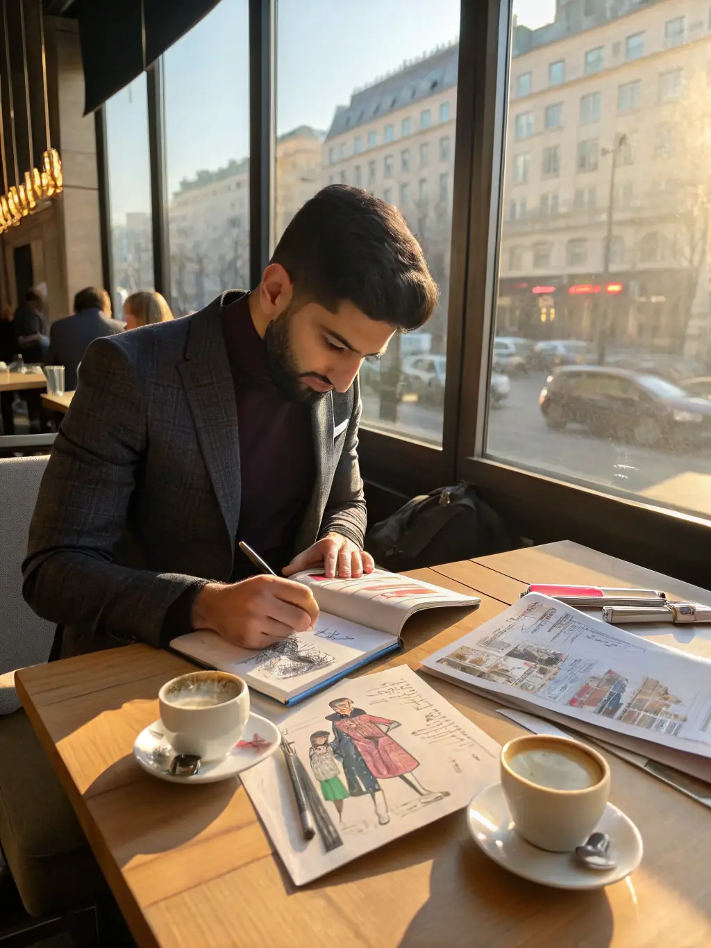 A photograph of a fashion designer sketching designs in a bright, modern studio, surrounded by fabric samples and mood boards, representing the initial stages of product development.