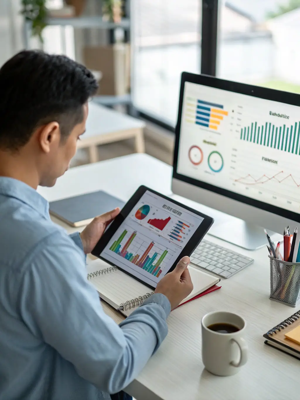 A photograph of a textile business owner reviewing sales data on a tablet in a well-lit office, with a graph showing upward trends in revenue.