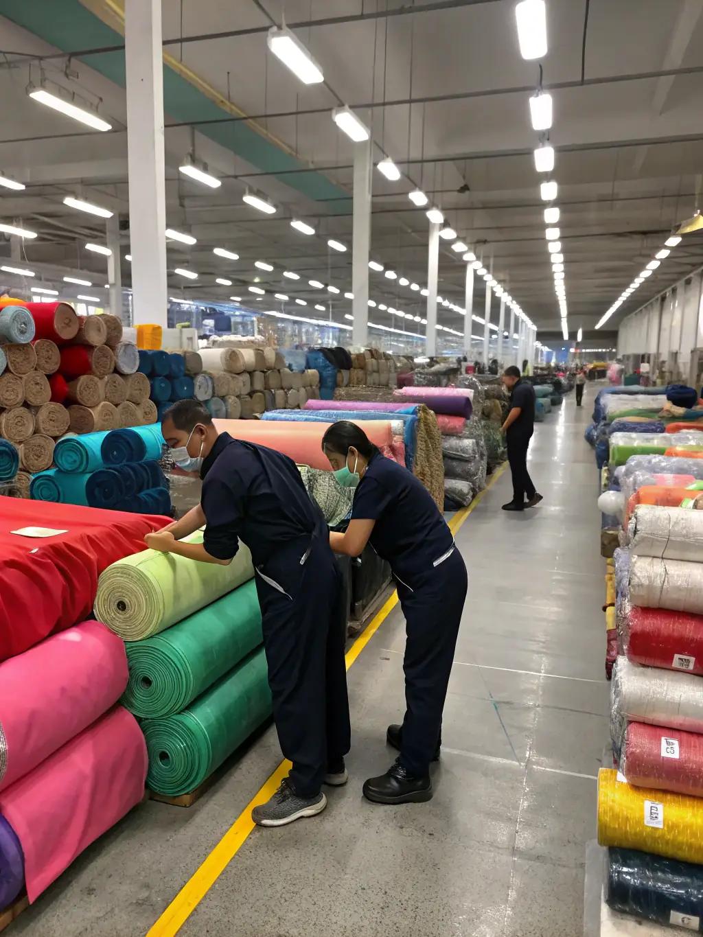 A photograph of a textile factory with modern machinery and workers in a clean and organized environment, highlighting efficient production processes and quality control.